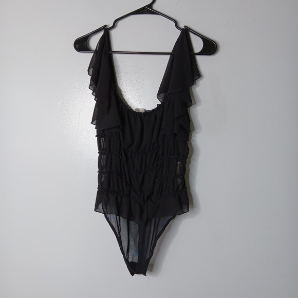Intimately Free People Juliet Ruffle Bodysuit Women Sz M Black Sheer Square Neck - Picture 6 of 14